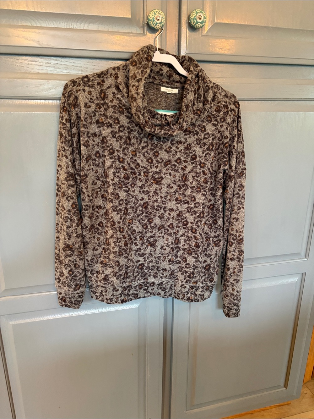 Maurices Taupe and Brown Cowl Neck Leopard Sweater